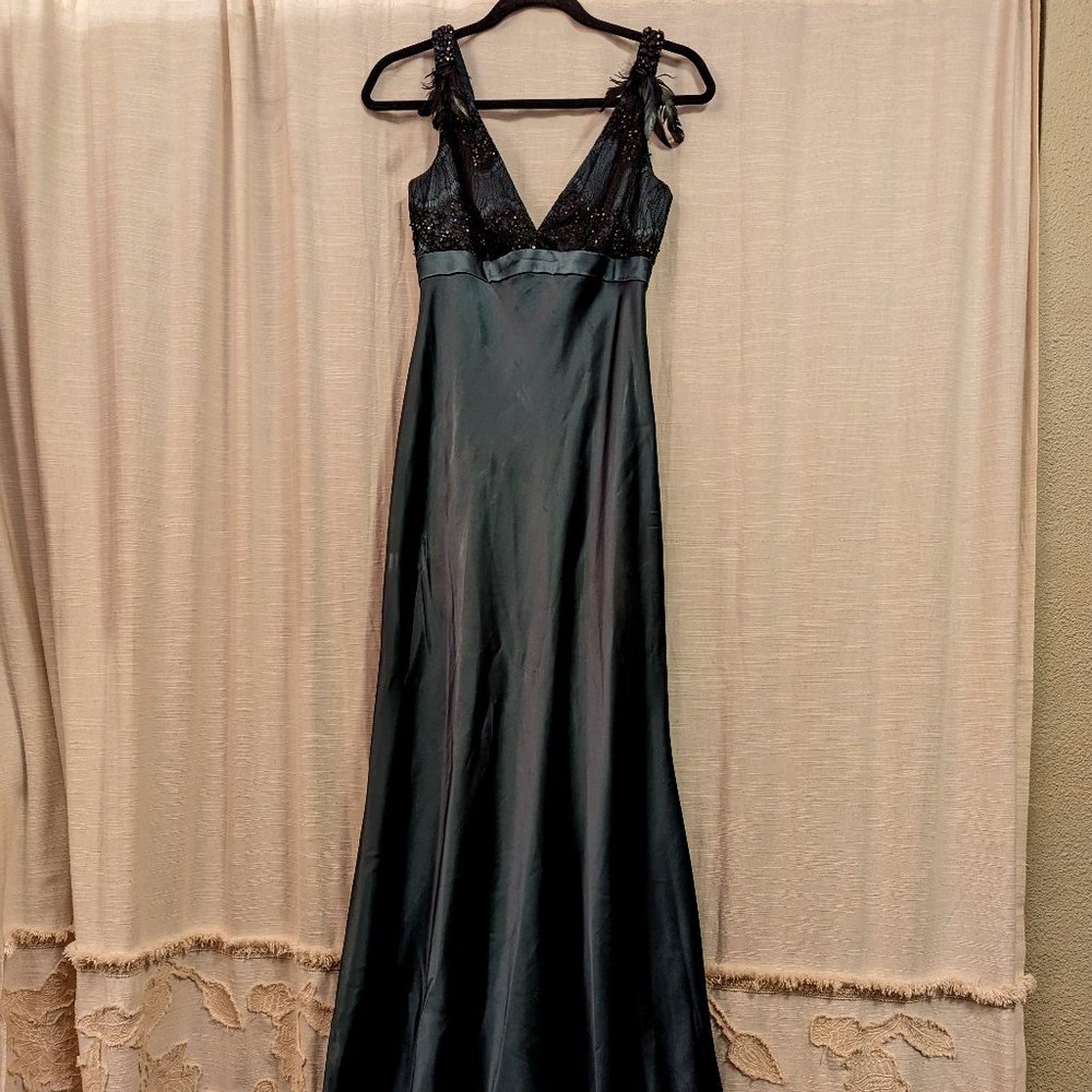 Carmen Marc Valvo Emerald Green Silk Dress w/ Feather Accents